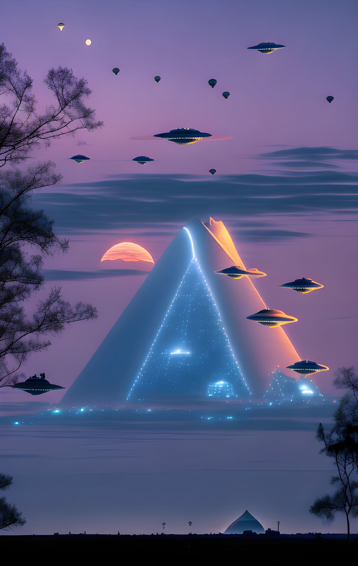 Surreal twilight landscape with giant glowing pyramid and UFOs