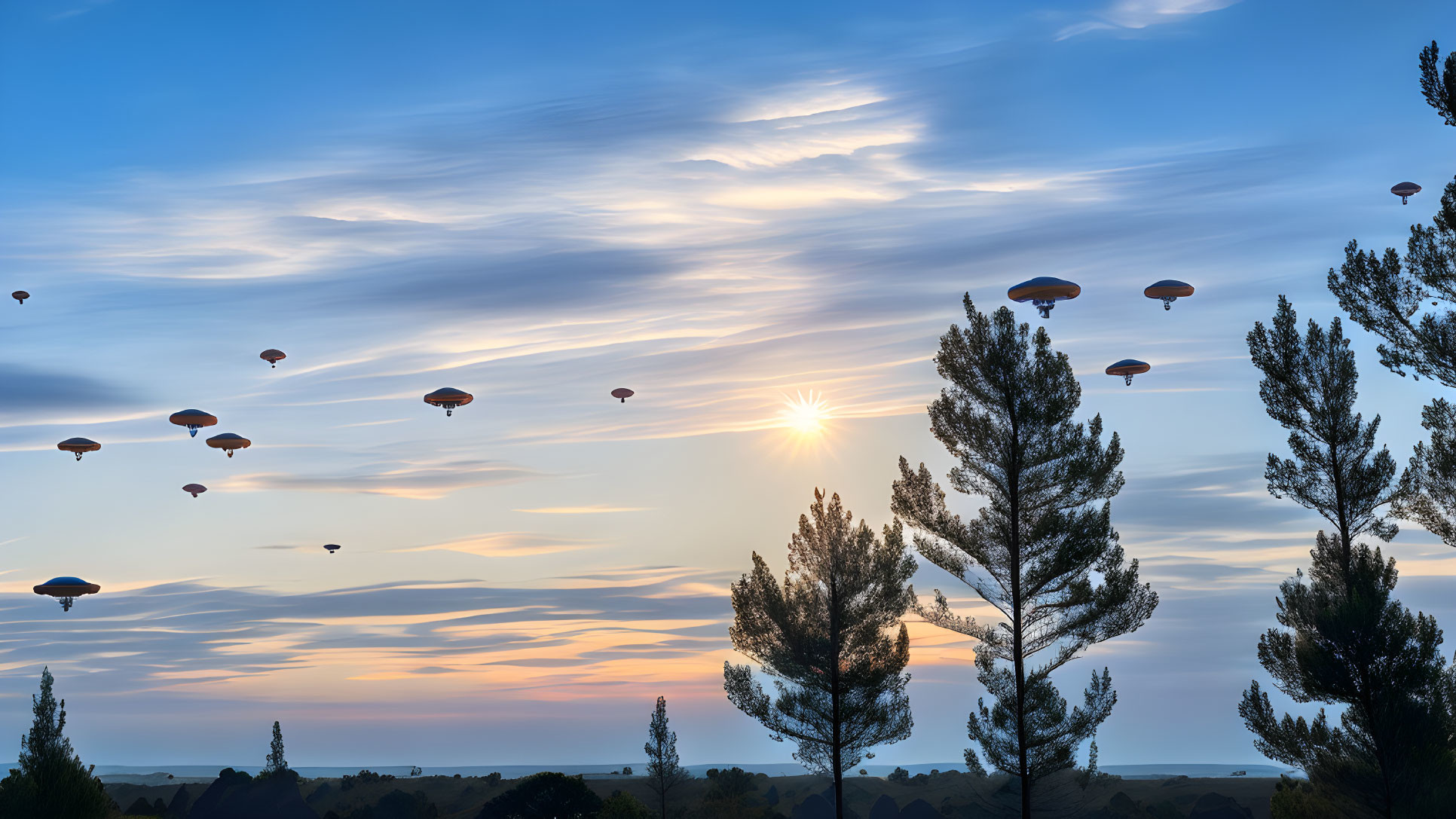 Sunset landscape with silhouetted trees, hot air balloons, and wispy clouds