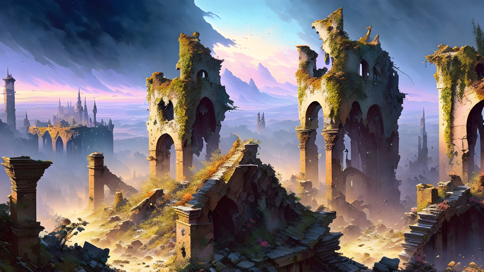 Ancient city ruins with overgrown vegetation and distant mountains under sunlight