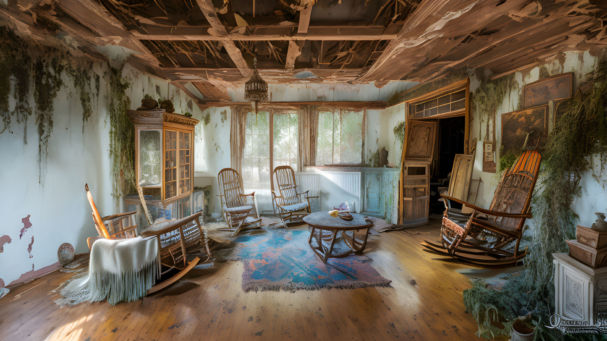 Abandoned room with vintage furniture and decaying ceiling in warm sunlight