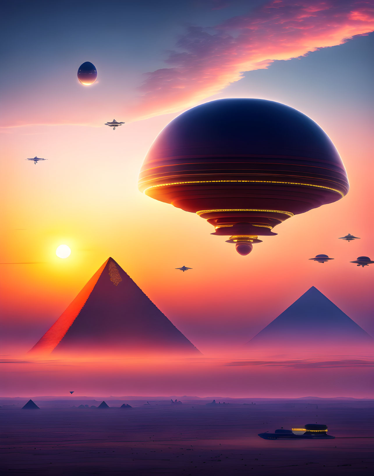 Illustration of sunset over desert with pyramids, airship, flying crafts, and planet.