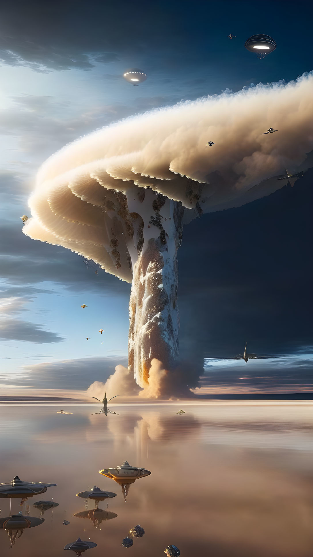 Explosion's Mushroom Cloud Reflecting Flying Saucers and Birds