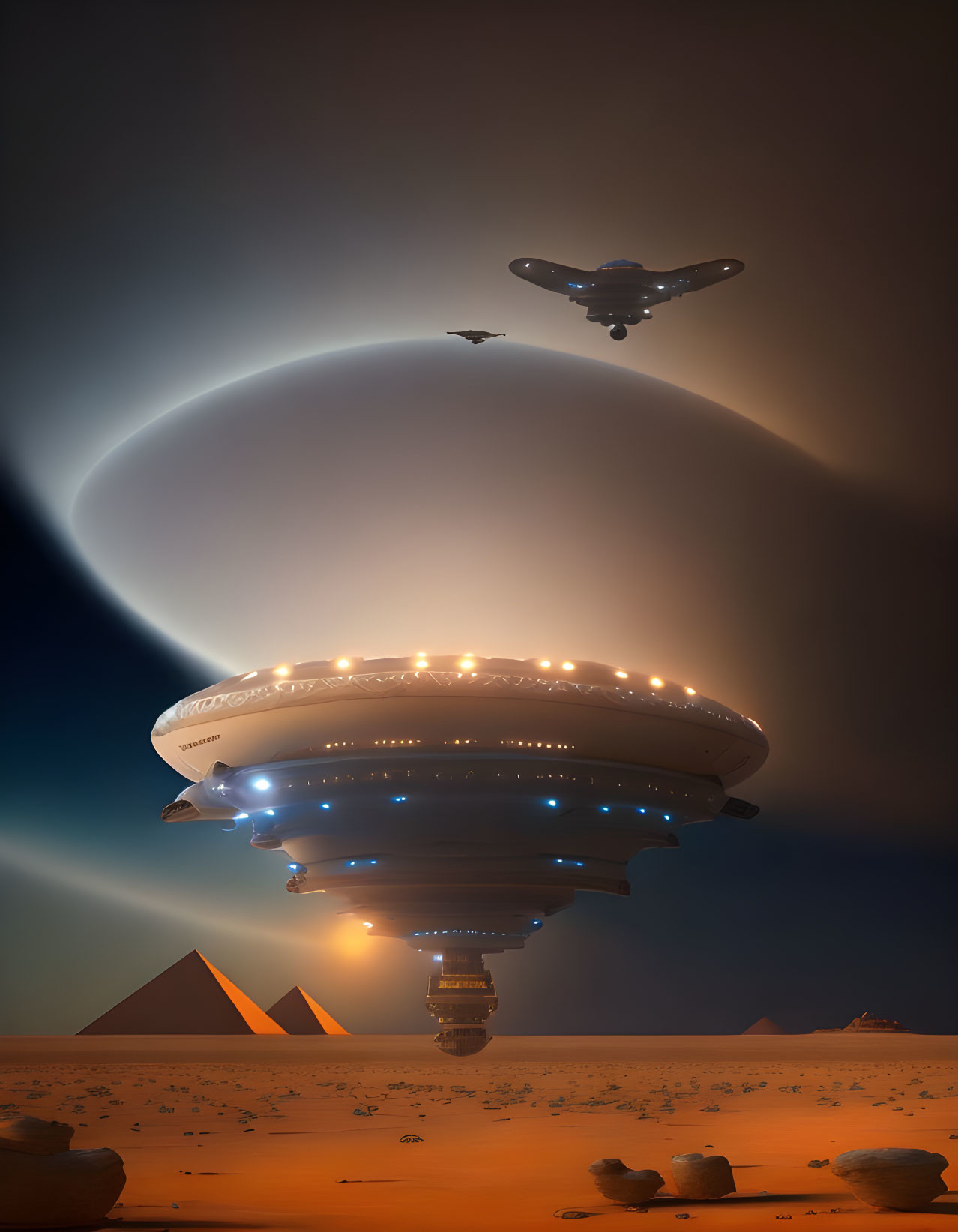 Futuristic city-ship over desert with pyramids and spacecraft in dusk sky