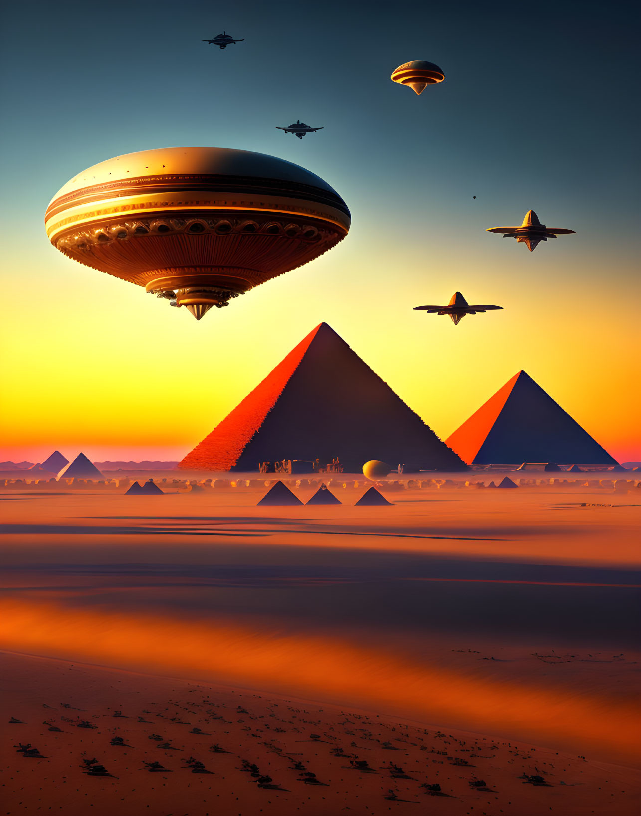 Futuristic aircrafts over Egyptian pyramids at sunset with descending ships