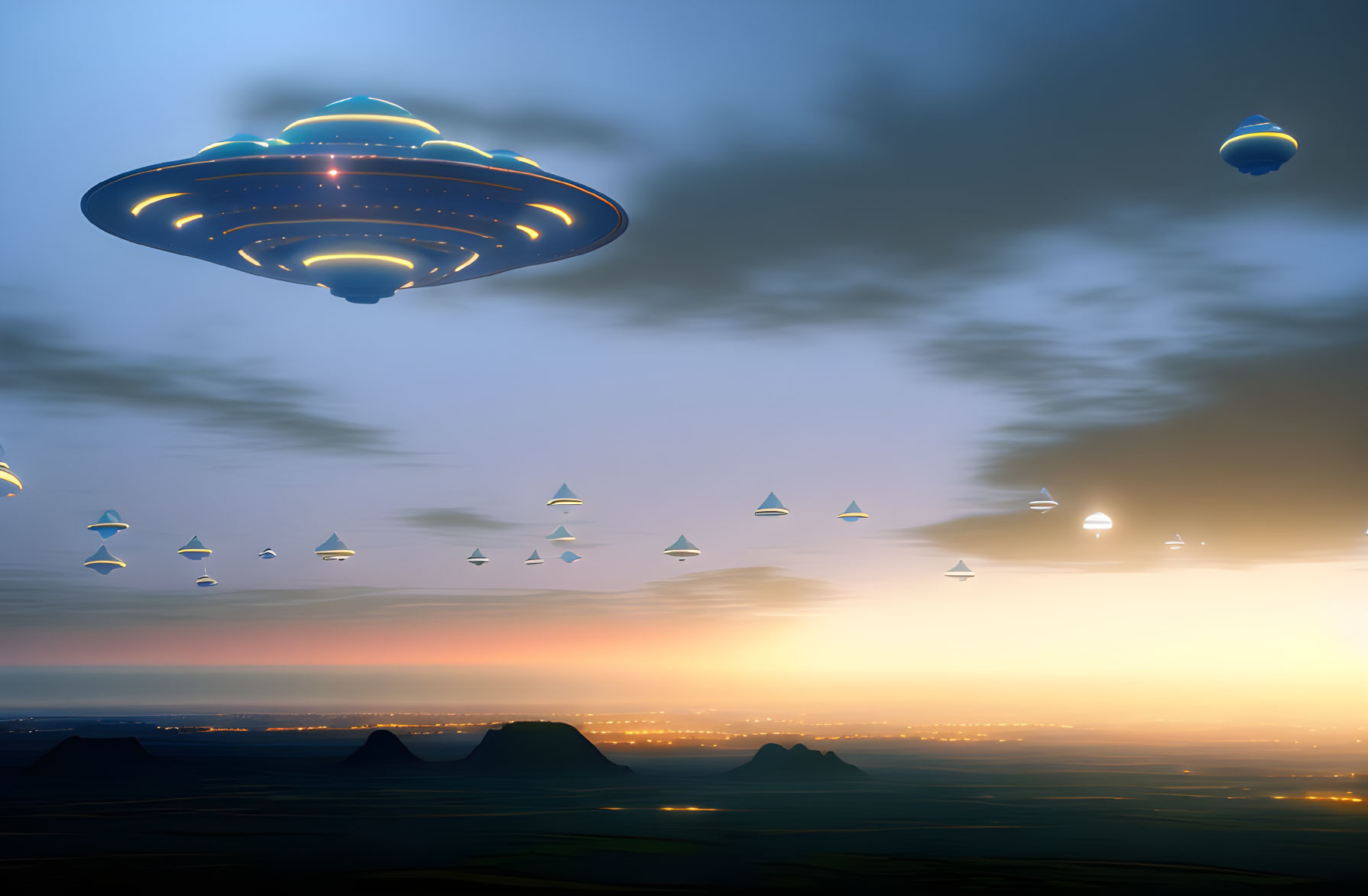 Mystical UFO fleet over dusky pyramid landscape