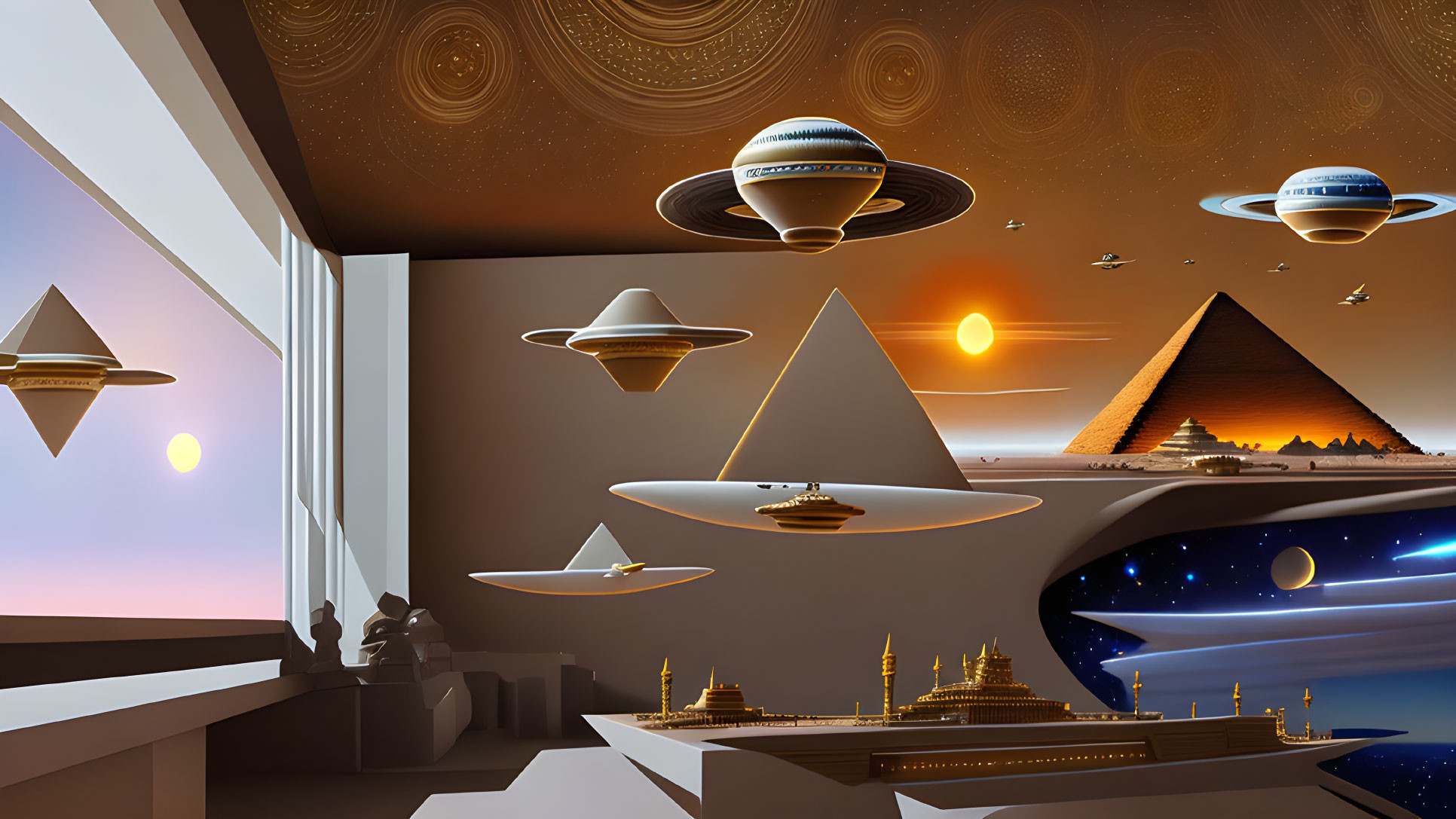 Futuristic cityscape with pyramids, flying saucers, and two suns.