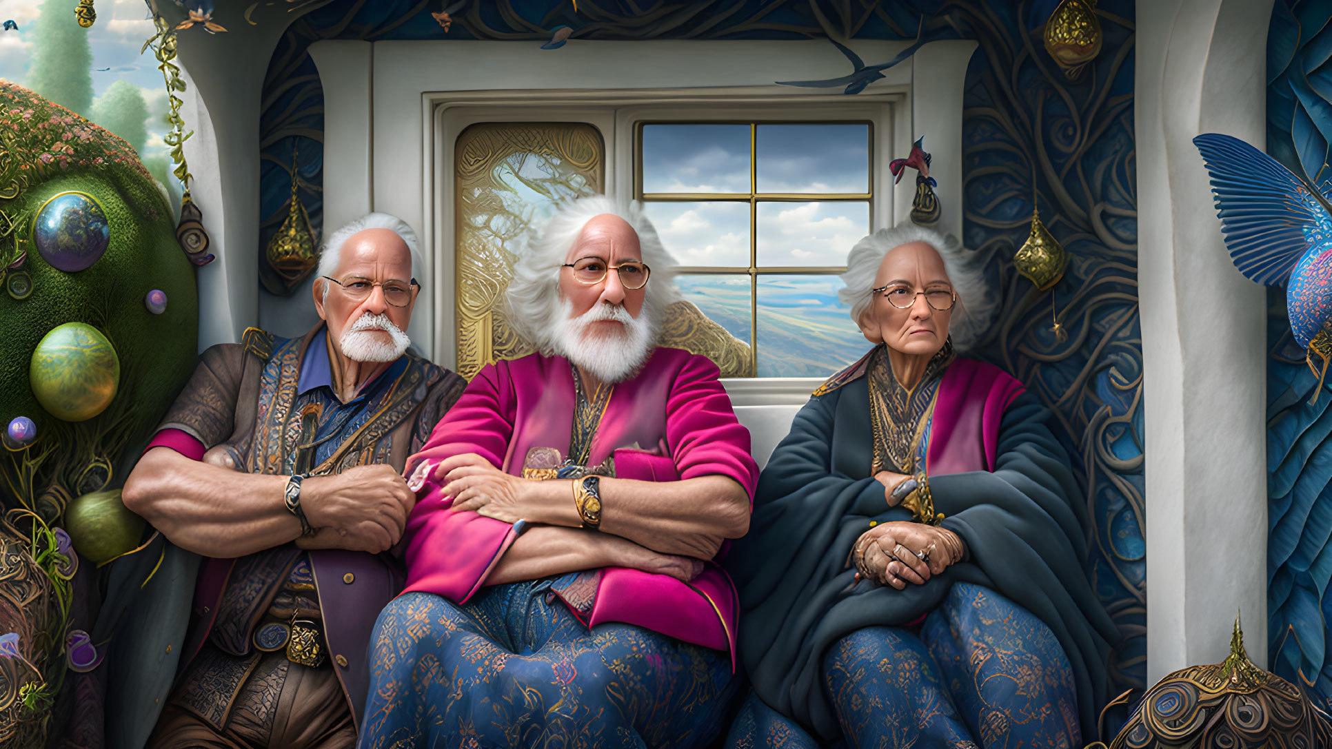 Elderly individuals in ornate robes in whimsical room with magical elements