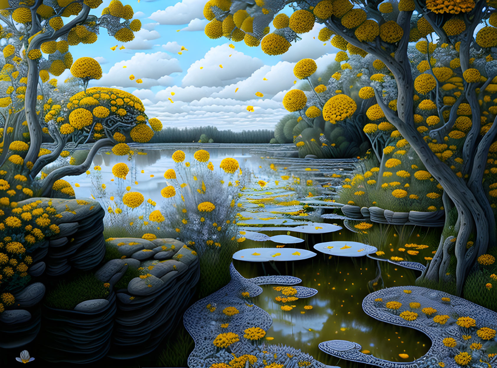 Yellow Flowering Trees and Luminous Flowers in Fantastical Landscape