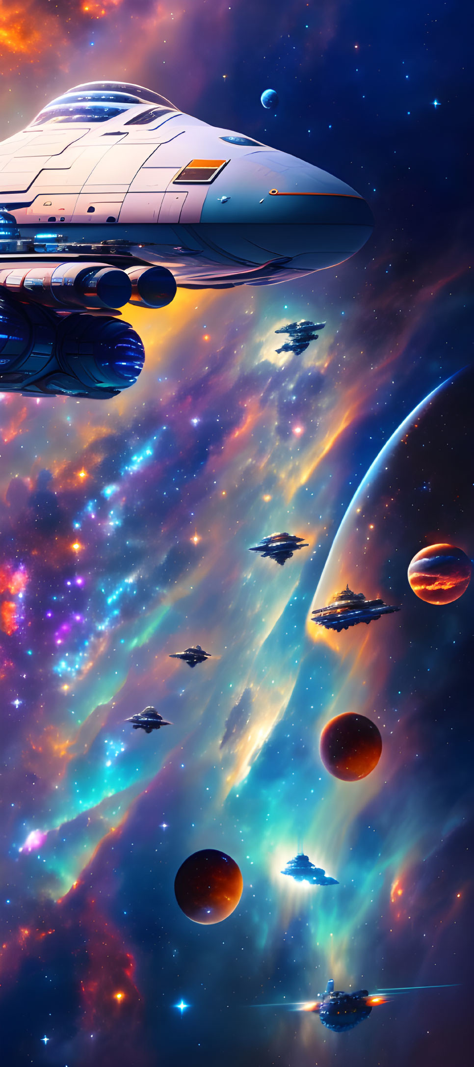 Futuristic spacecraft in vibrant cosmic scene.