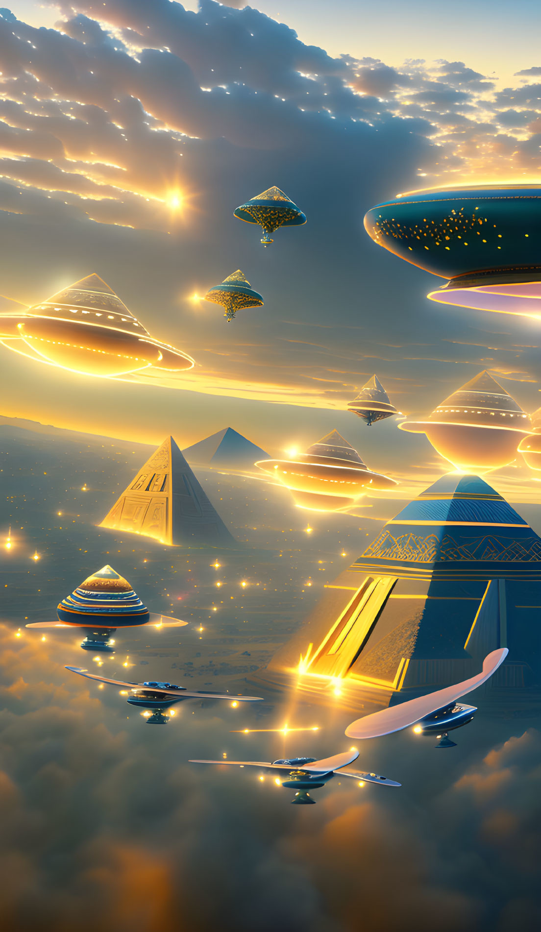 Futuristic pyramids and flying vehicles in cloudy sky at sunrise or sunset