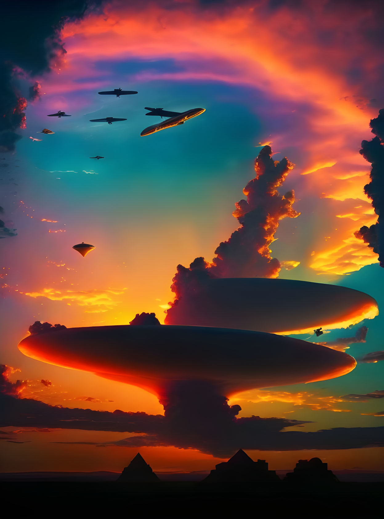 Colorful sunset with pyramid silhouettes and UFOs in sky