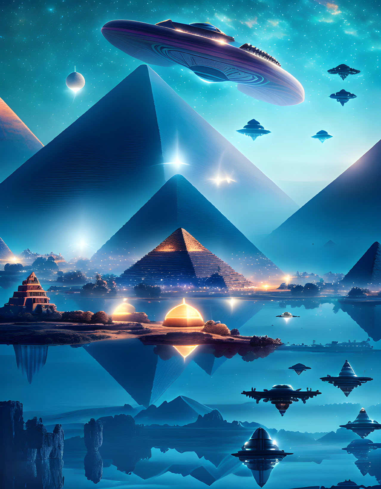 Sci-fi scene: Pyramids under starry sky with UFO reflections in water