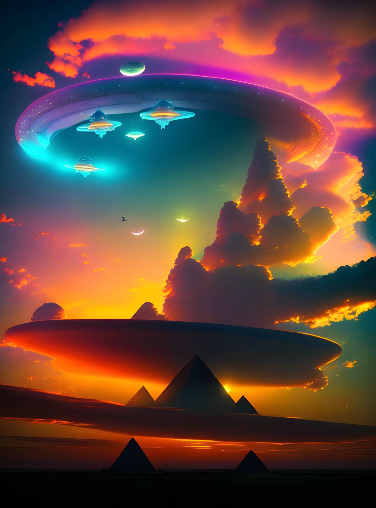 Sci-fi illustration: Mothership, saucers, pyramids under colorful sunset.