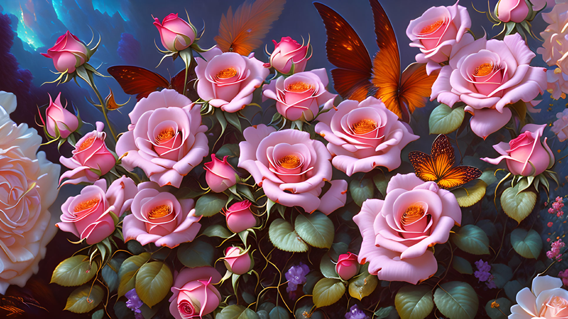 Pink roses and butterflies in a whimsical nature scene