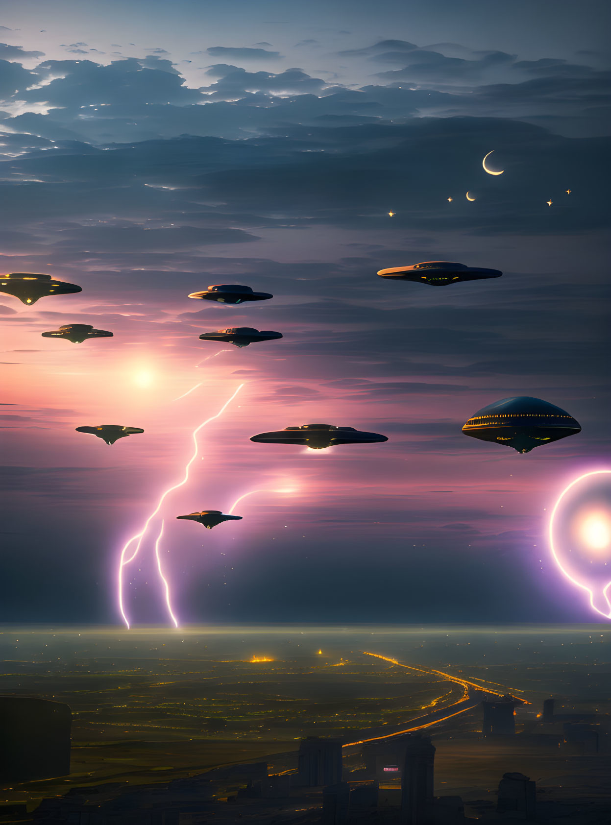 Sci-fi landscape with UFOs, illuminated road, city, crescent moon, lightning, and bright