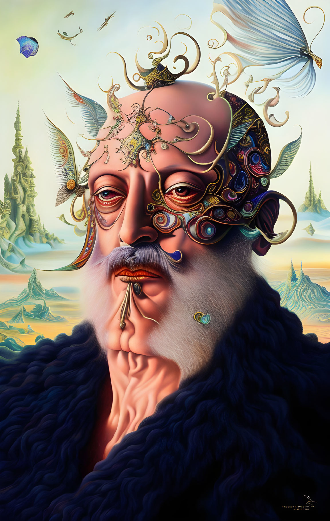 Whimsical surreal portrait with ornate mask, vibrant colors, dreamy landscapes