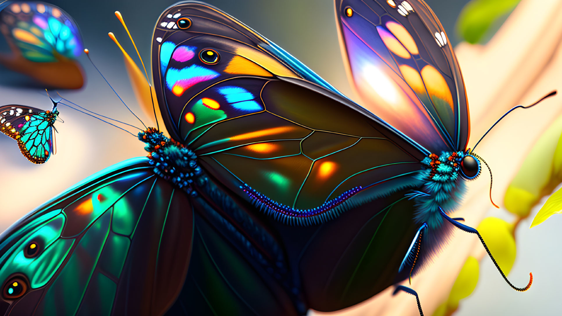 Colorful digital butterflies with intricate wing patterns on foliage in blurred background