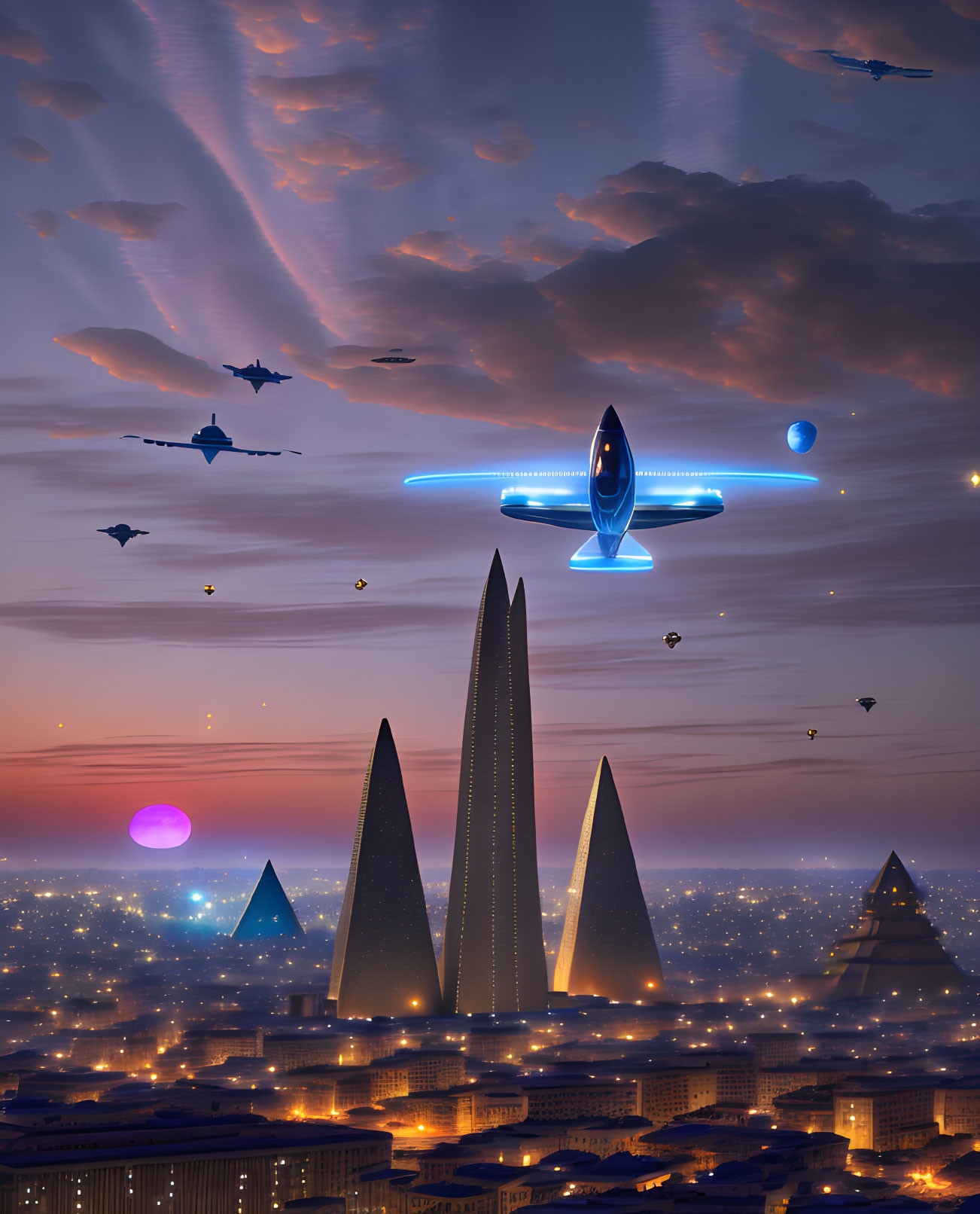 Futuristic cityscape at dusk with glowing skyscrapers and spaceship.