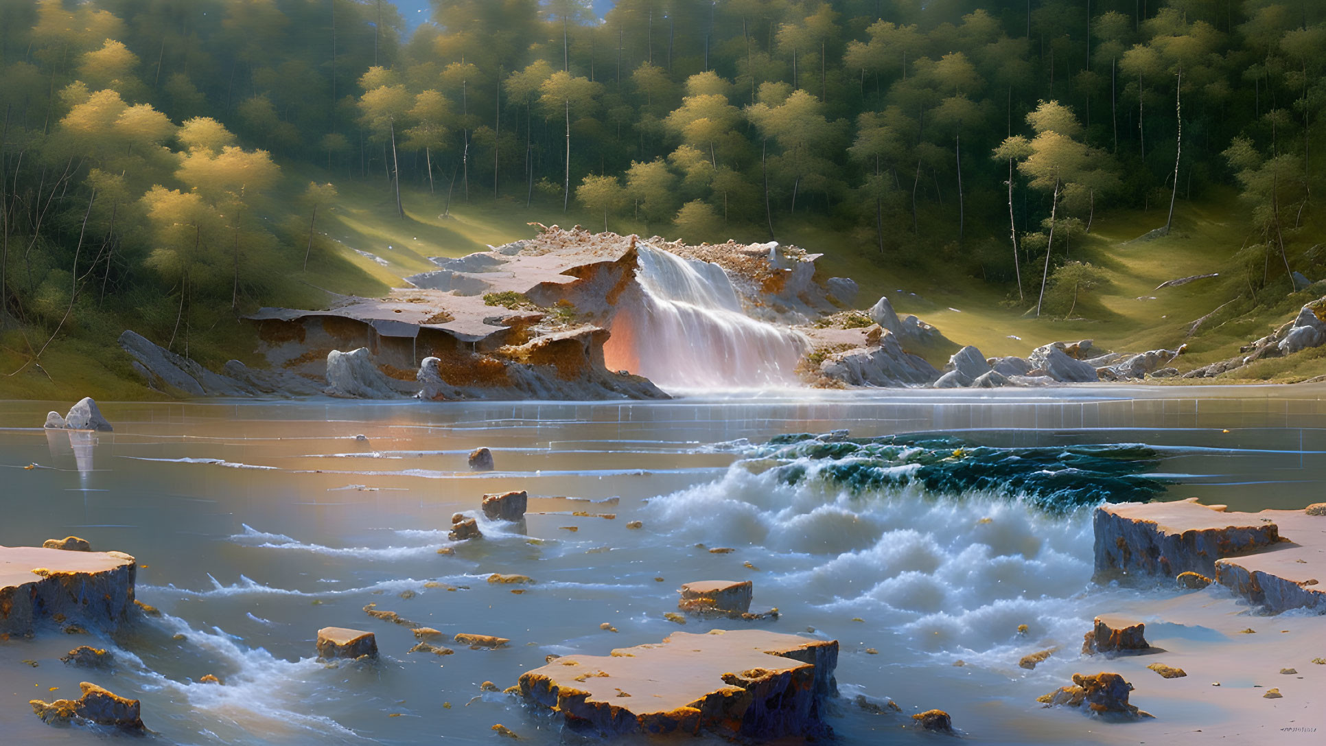 Tranquil waterfall landscape with sunlit trees and rocky terrain