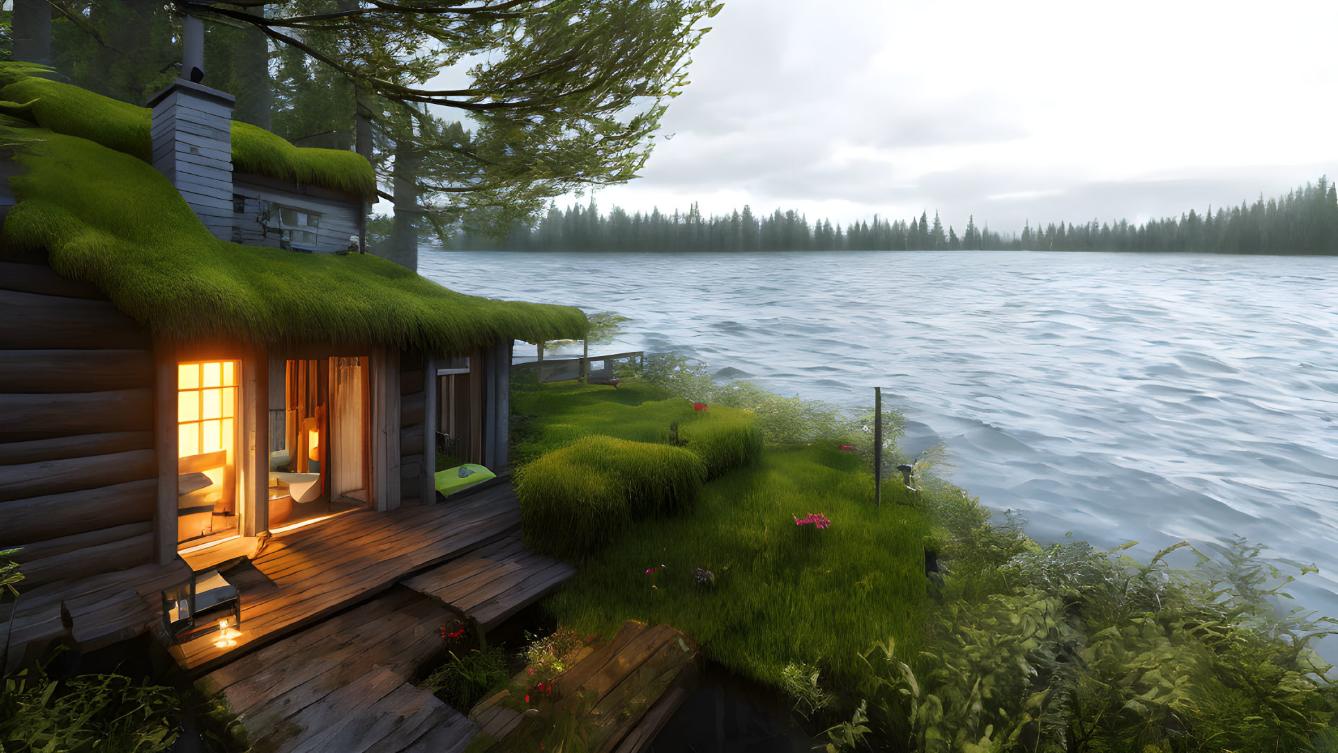 Cozy lakeside cabin with grass-covered roof by serene waters