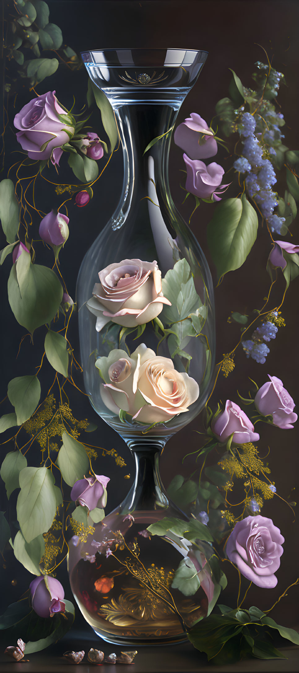 Upside-down wine glass surrounded by purple and pink roses in digital artwork