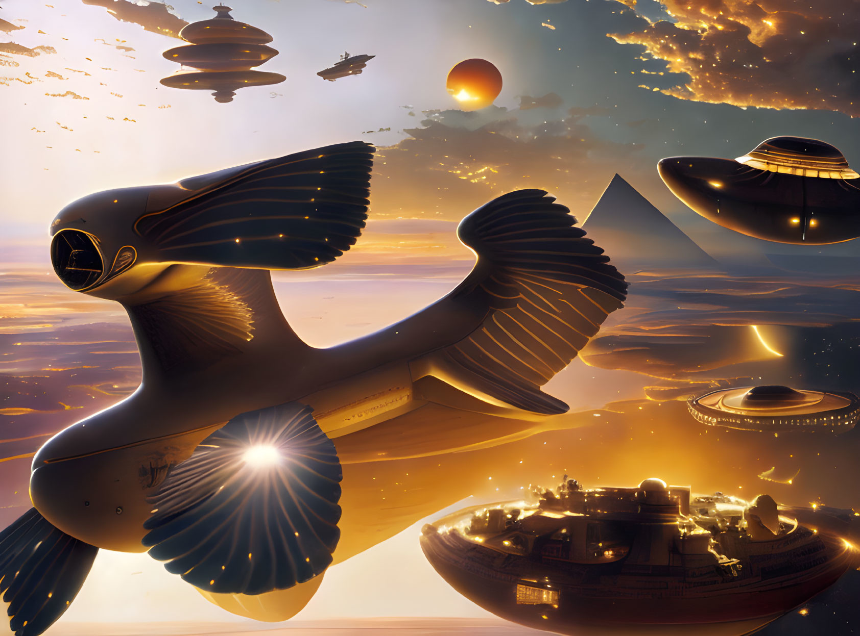 Bird-like spacecraft over desert pyramids in alien sunset