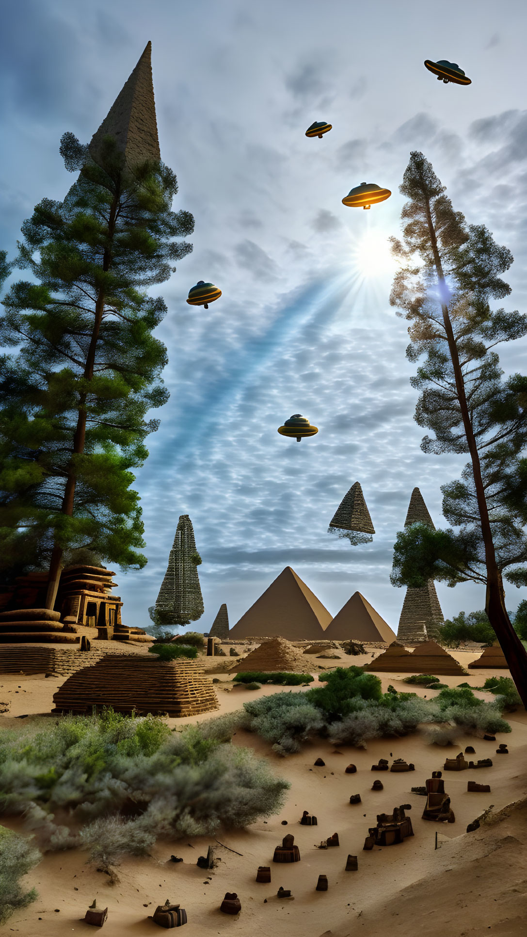 Desert landscape with pyramids, flying vehicles, trees, and sunbeam