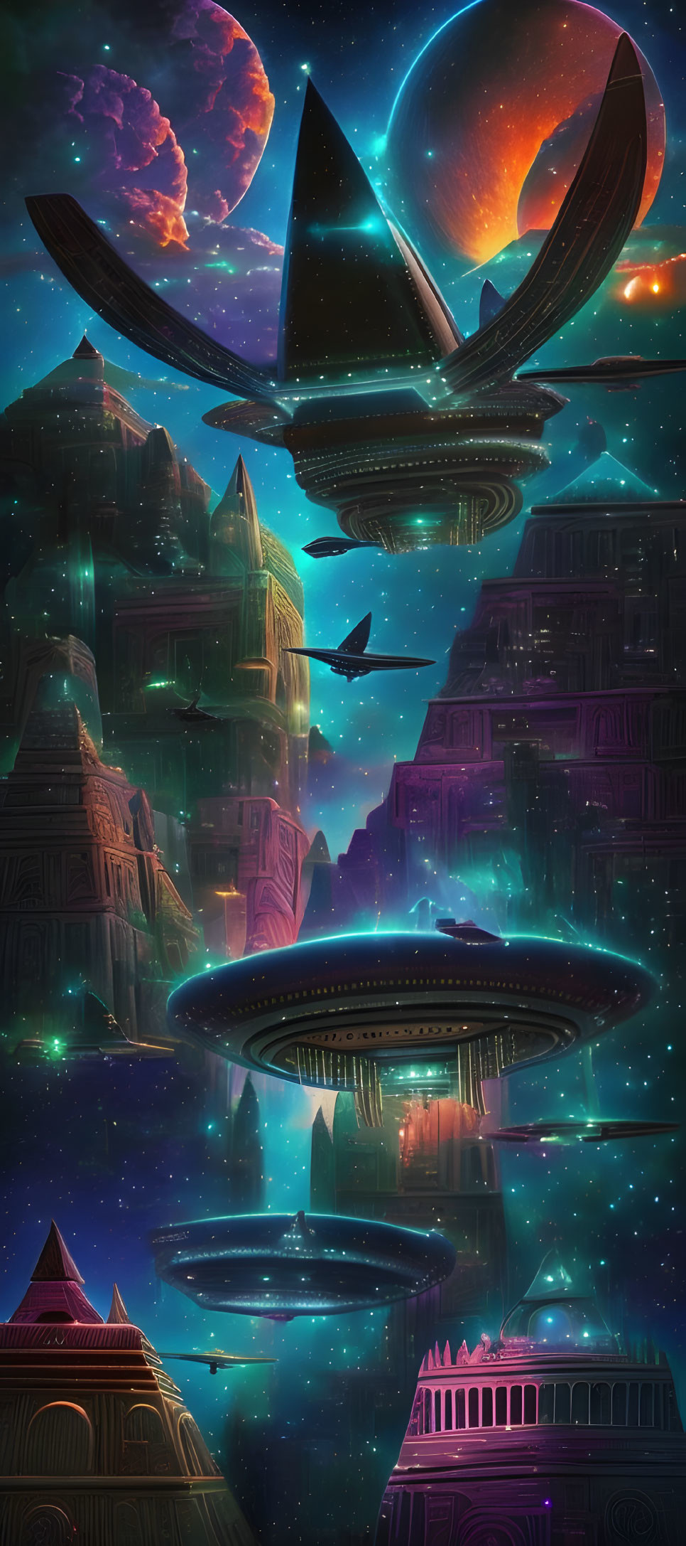 Futuristic sci-fi cityscape with alien structures and spaceships under cosmic sky