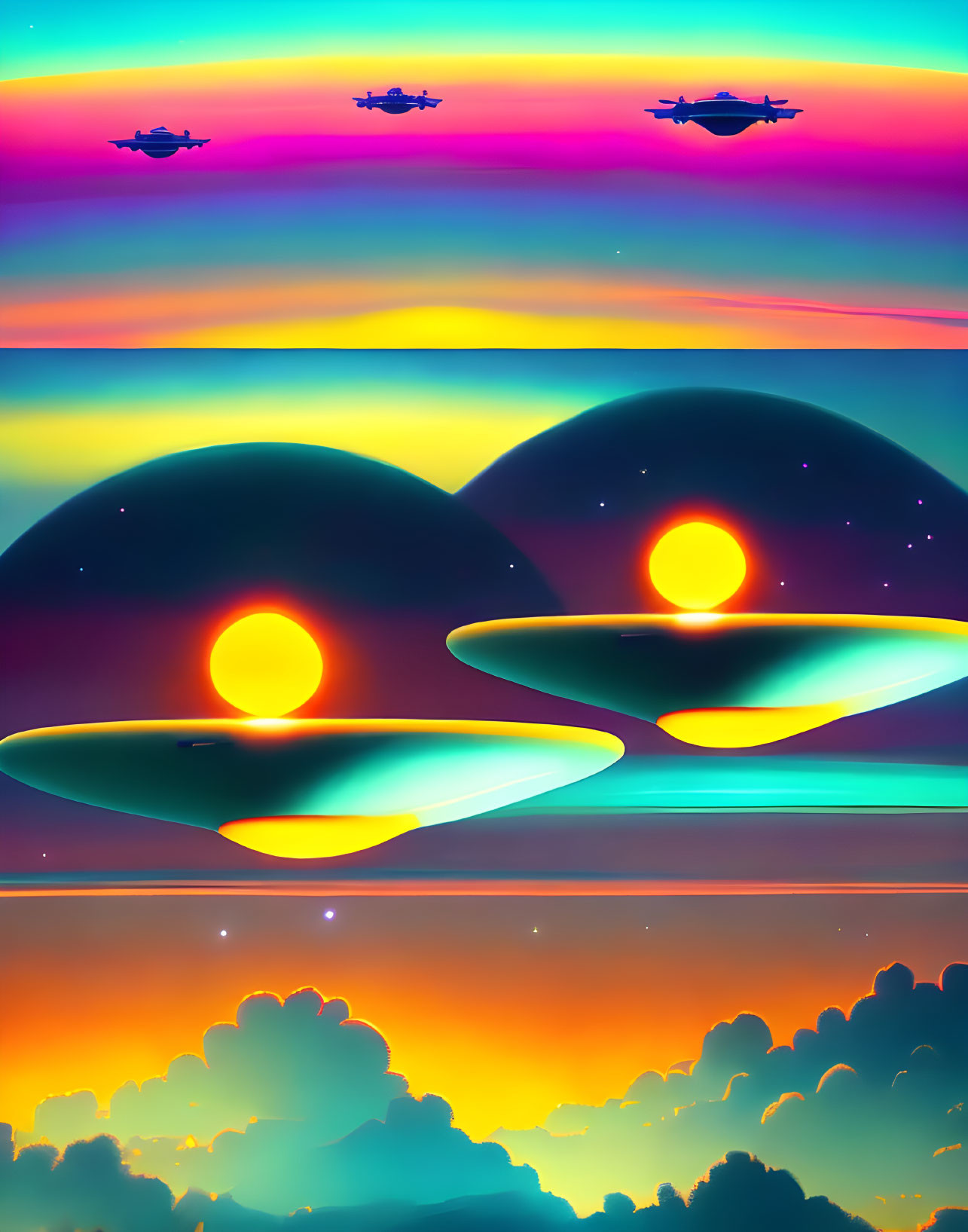 Surreal sunset digital artwork with layered hills and flying vehicles