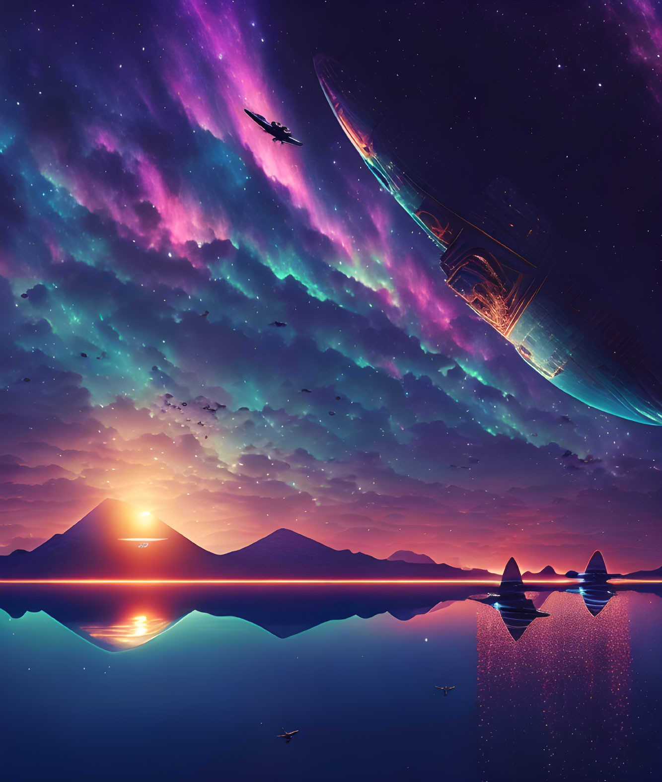 Colorful Sci-Fi Landscape with Spaceship, Nebula Sky, and Mountains at Sunset