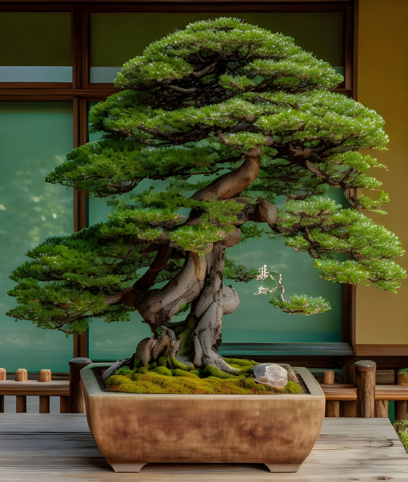 Lush green bonsai tree in decorative pot with sliding door backdrop