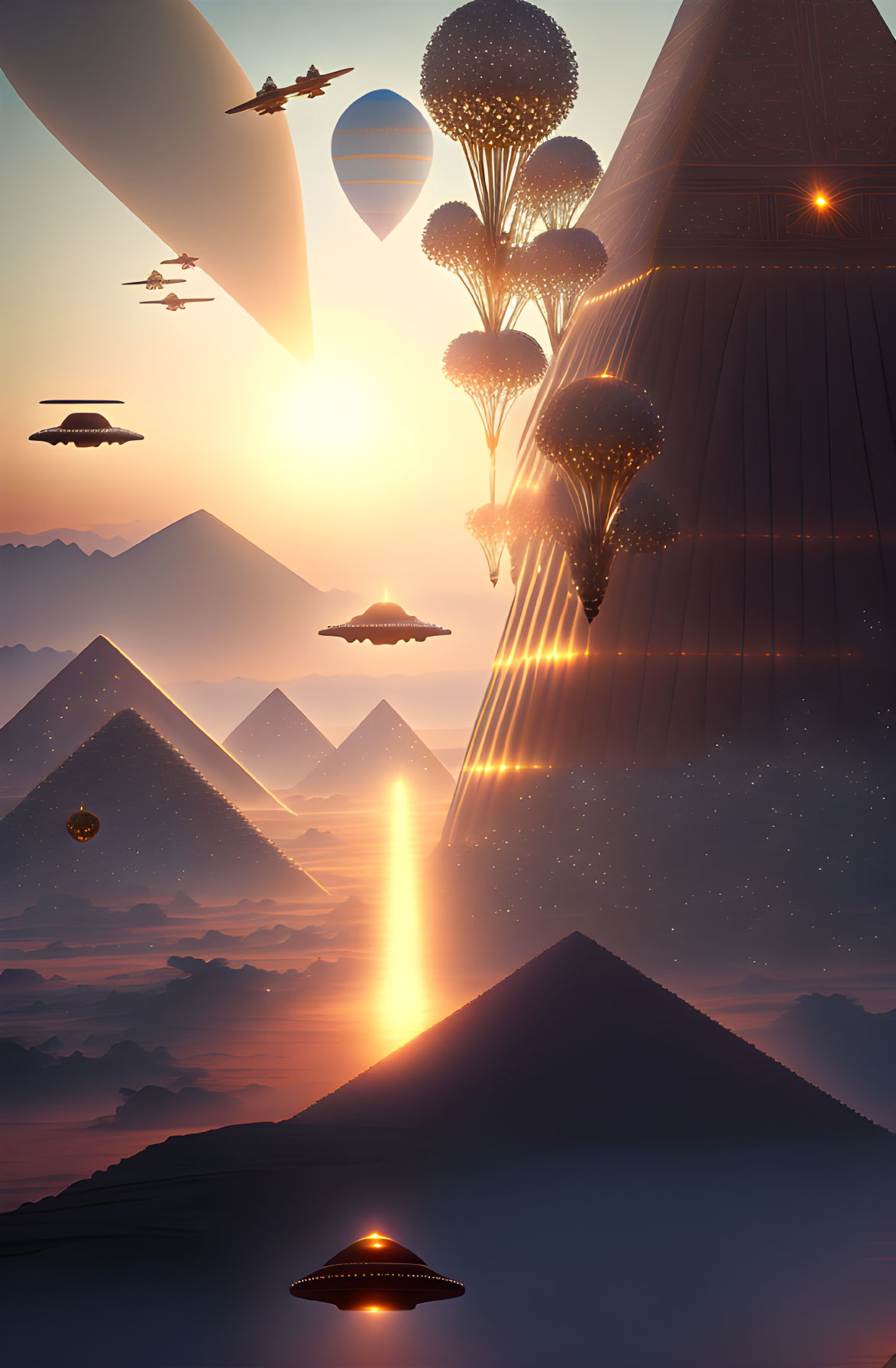 Surreal sunset with UFOs, pyramids, balloons, and light beams