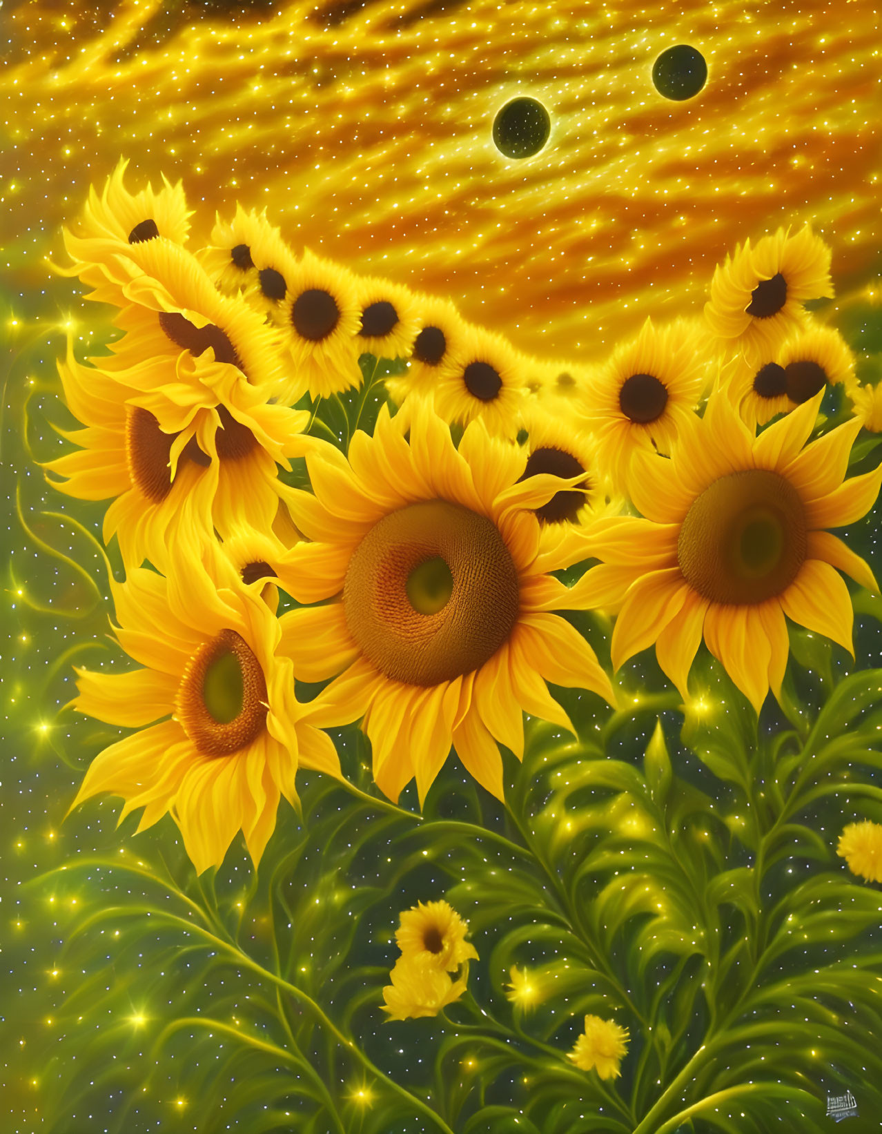 Digital Artwork: Sunflowers on Starry Night Sky Background