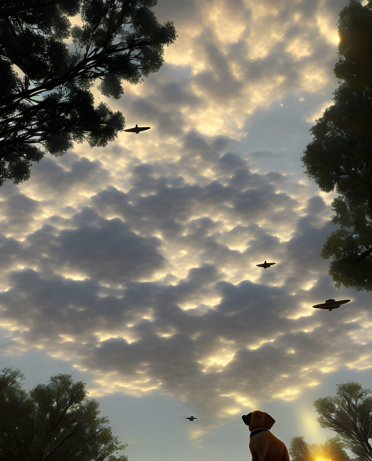 Dog admiring cloudy sky with bird silhouettes at sunset among trees