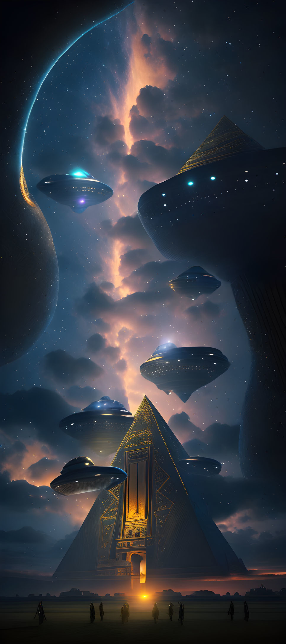 Night scene with pyramid, UFOs, cosmic swirl, and glowing entrance.