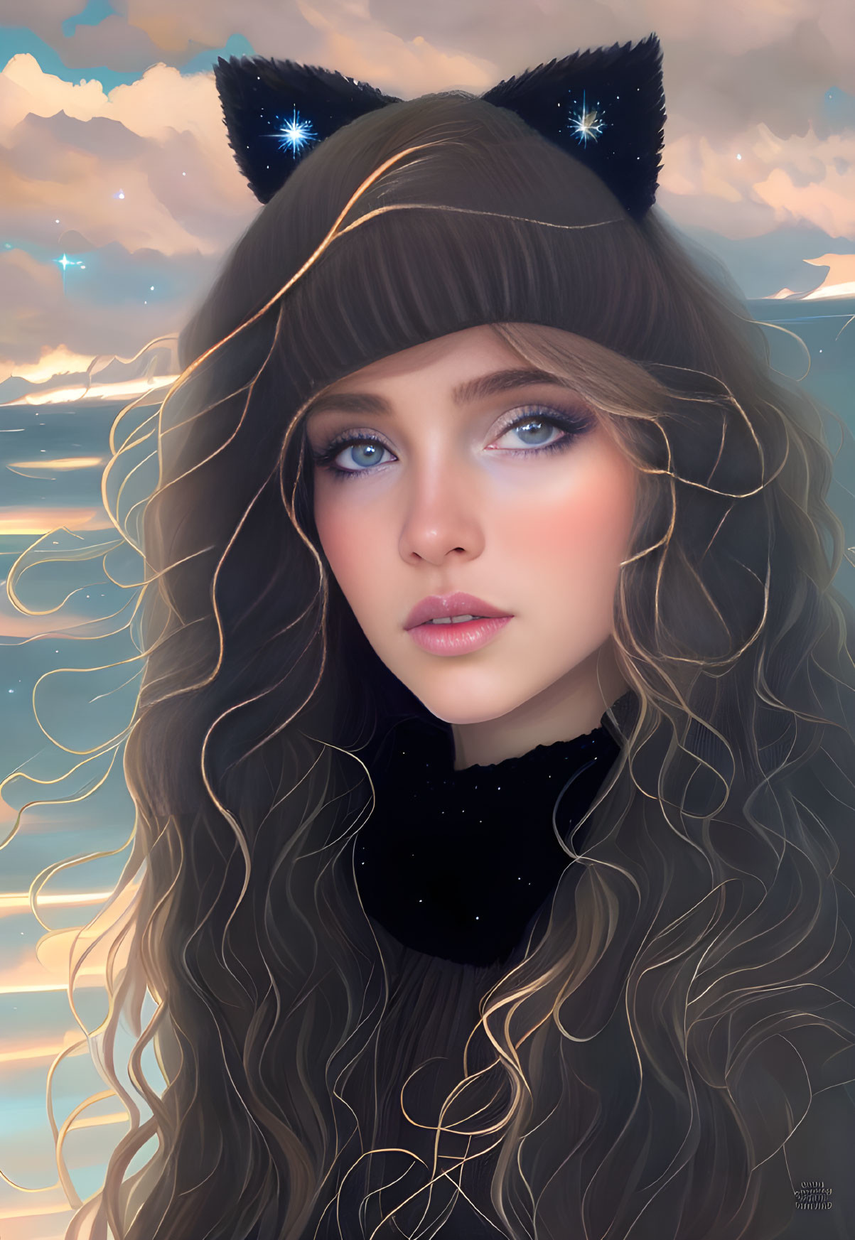 Digital artwork: Woman with blue eyes, long hair, cat ears, in sunset sky.