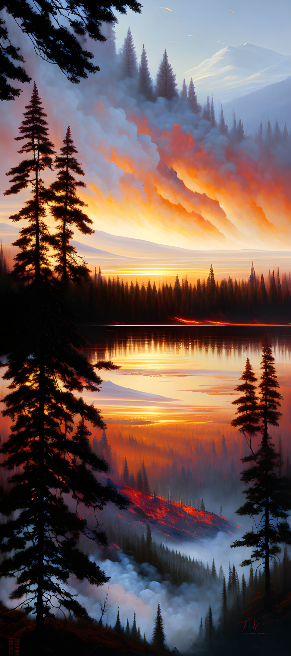 Tranquil landscape with reflective lake, forest, and vibrant sunset sky