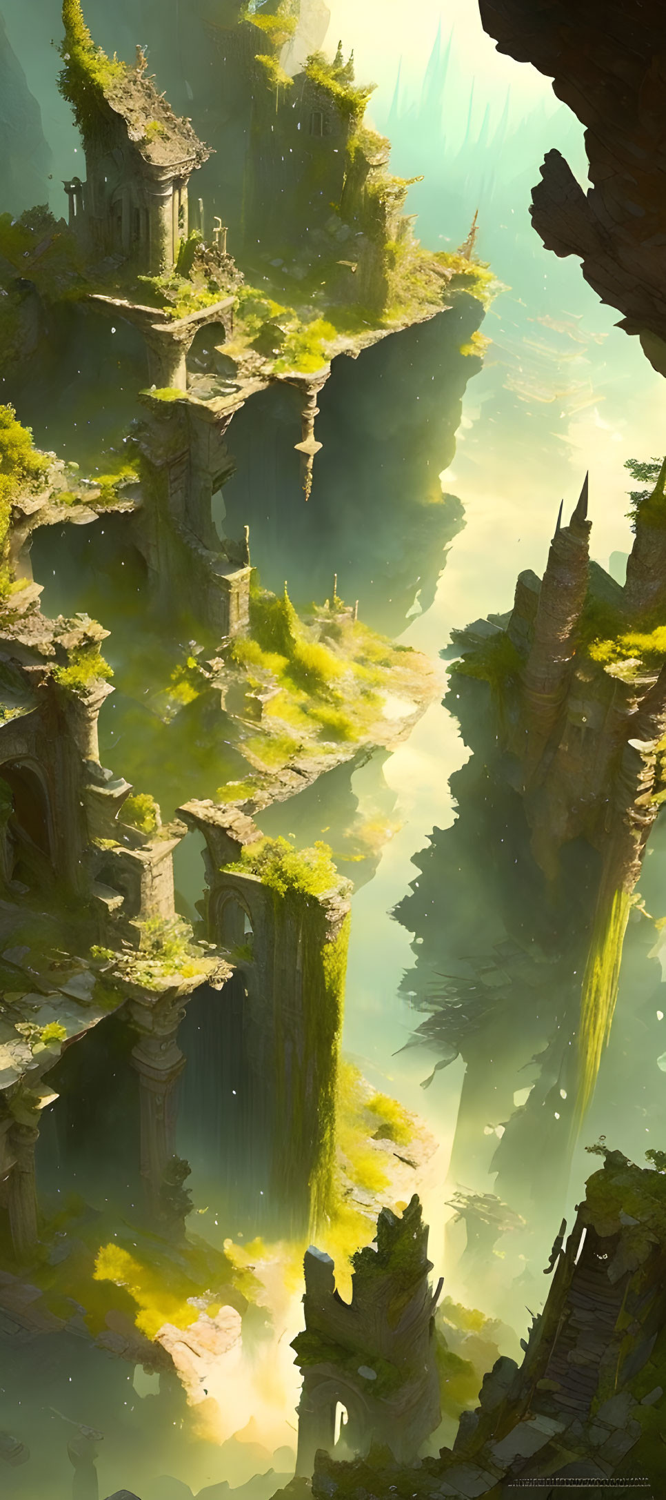 Cliffside with floating islands, ruins, greenery, waterfalls in golden light