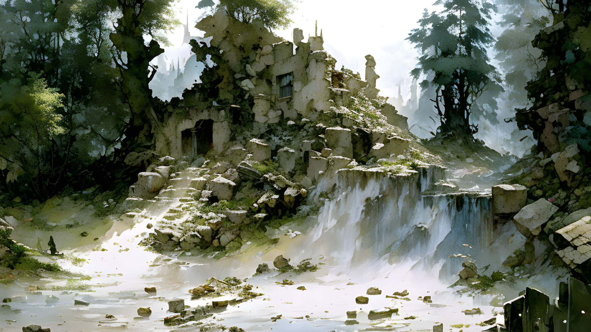 Ancient stone ruins in misty forest with staircases and waterfall