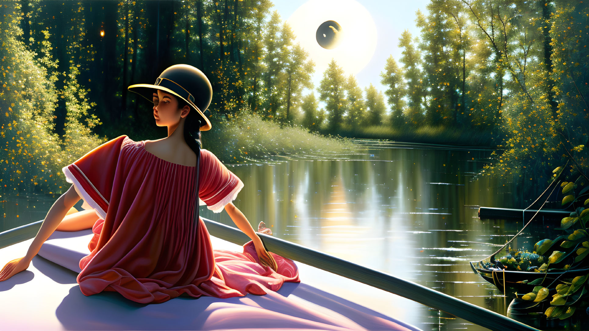 Woman in Pink Dress and Hat Sitting in Boat by Serene Lake at Sunset/Eclipse