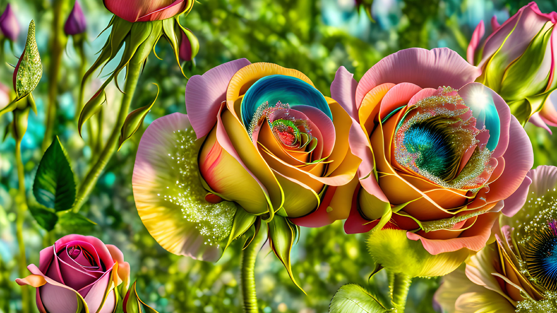 Digitally-altered roses with swirling patterns on green bokeh background