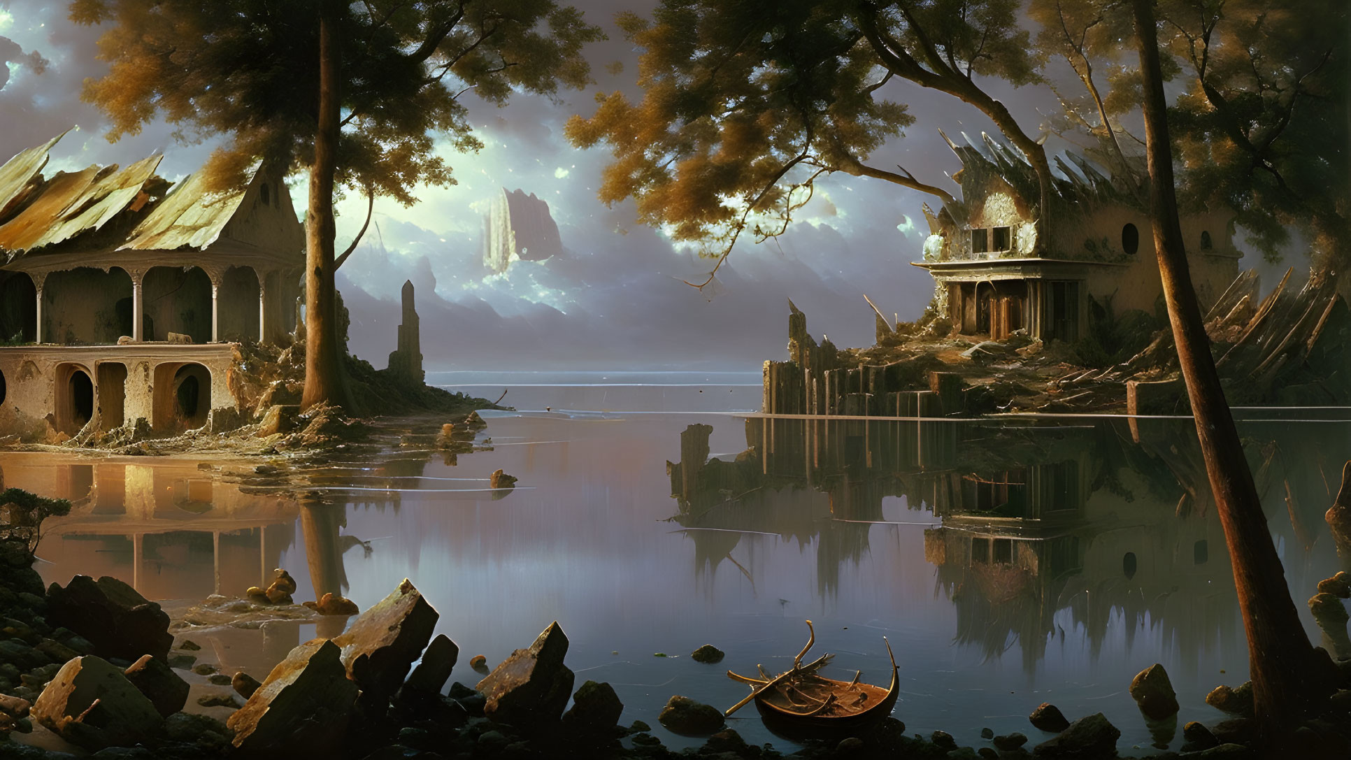 Sunlit lake with ancient ruins, trees, and boat.