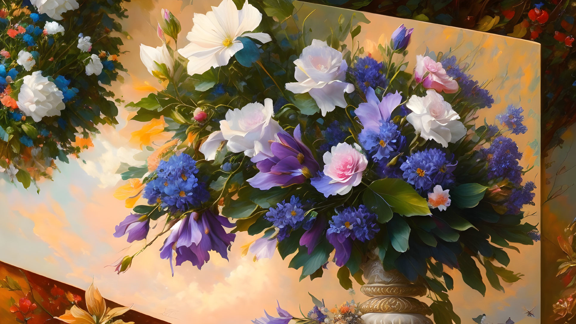 Colorful bouquet painting with white, pink, and blue flowers in decorative vase