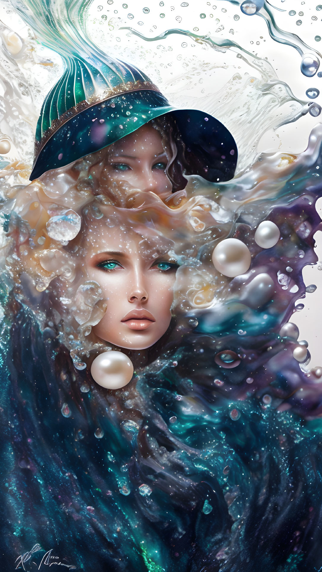 Surreal portrait of two women with water elements and pearls