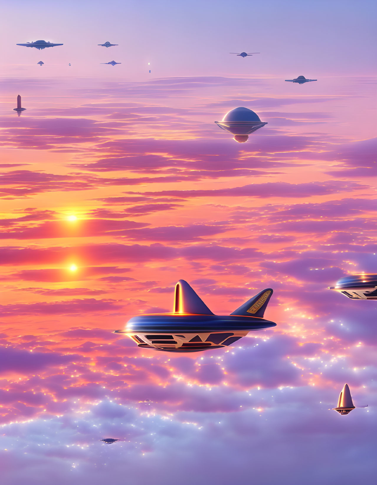 Futuristic flying vehicles above clouds in vibrant sunset sky