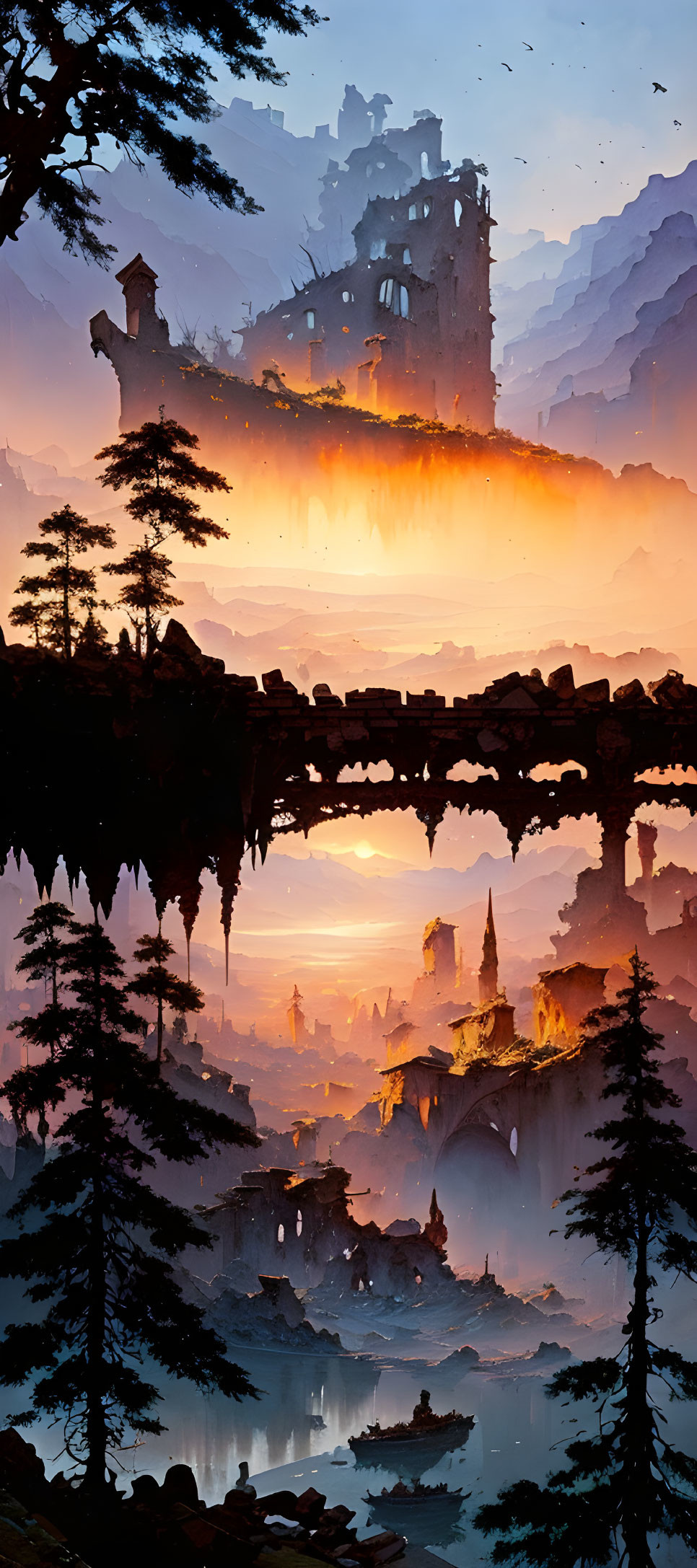 Fantastical landscape with castle, pine trees, serene lake, sunset sky, and mountains