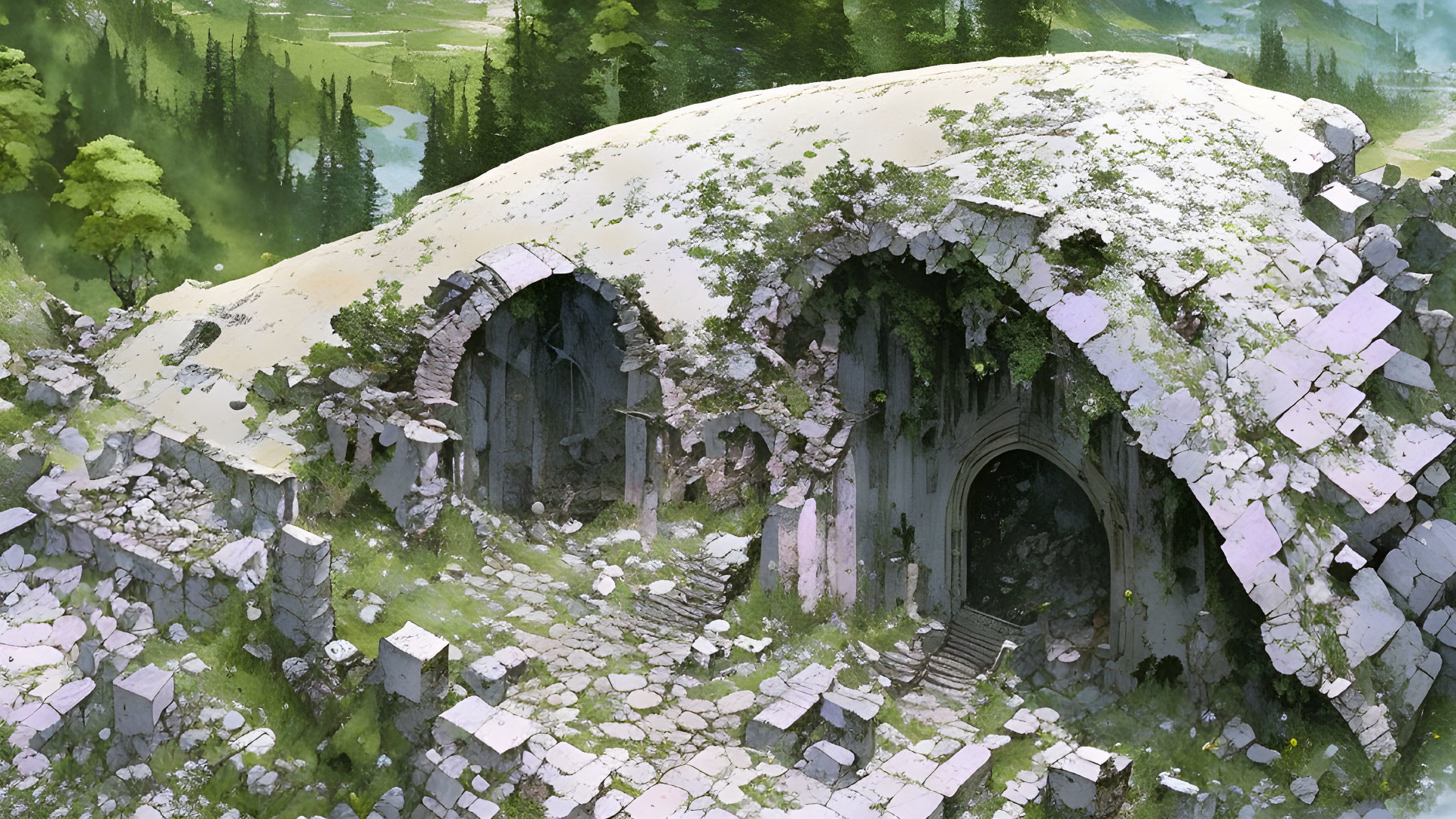 Abandoned ruin with archways in lush green landscape