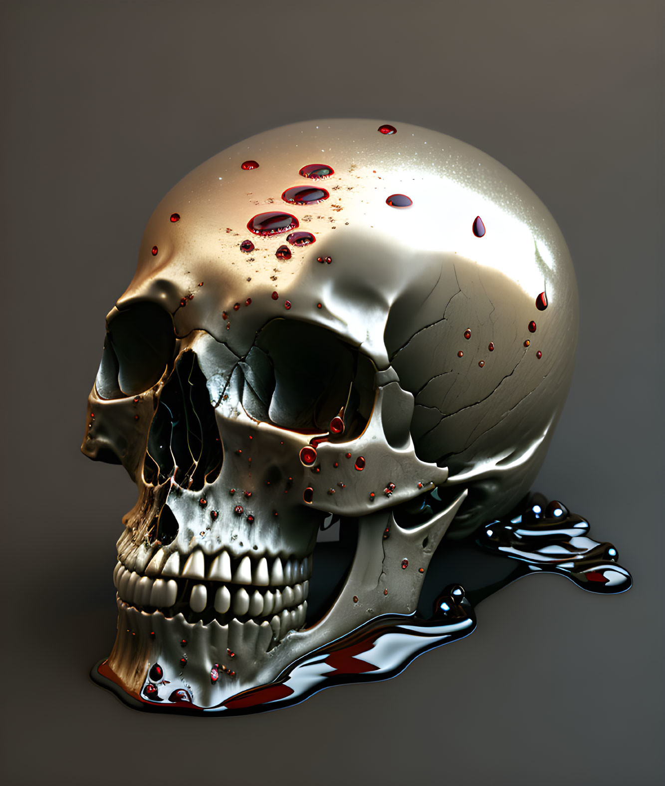 Chrome skull with cracks and red droplets on reflective surface.