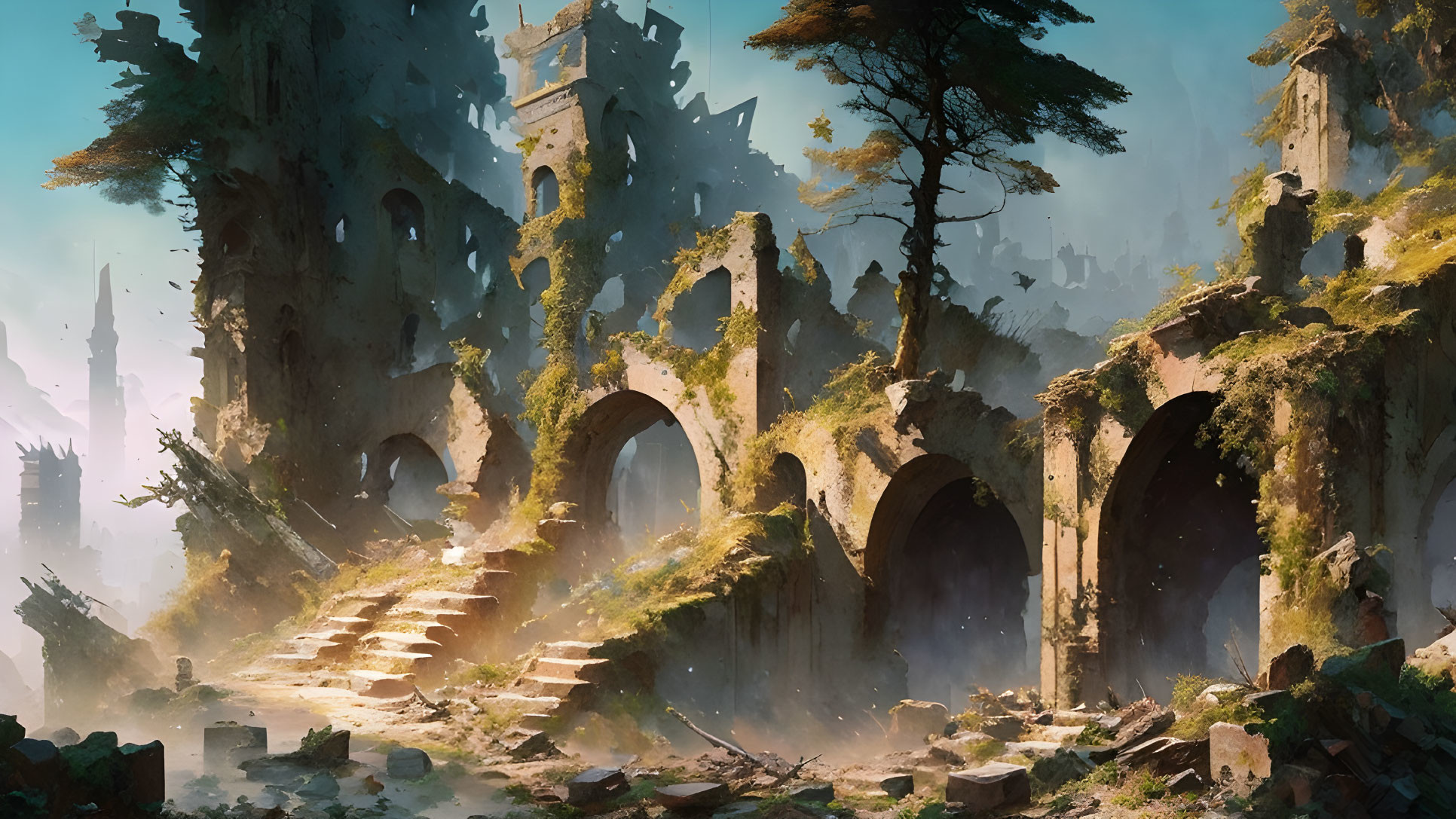 Ancient ruin with arches and staircases in mystical forest landscape