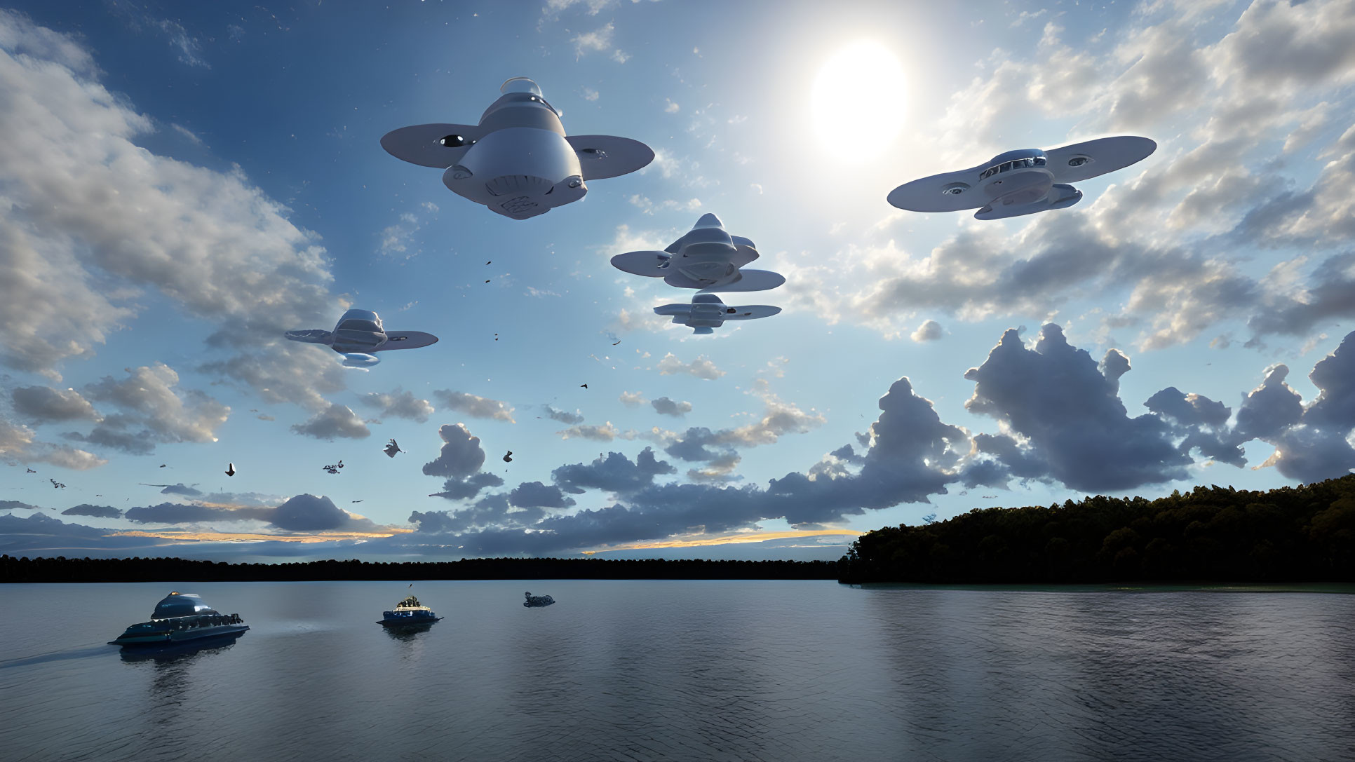 Tranquil lake with boats, saucer-like structures, birds, sun, and clouds